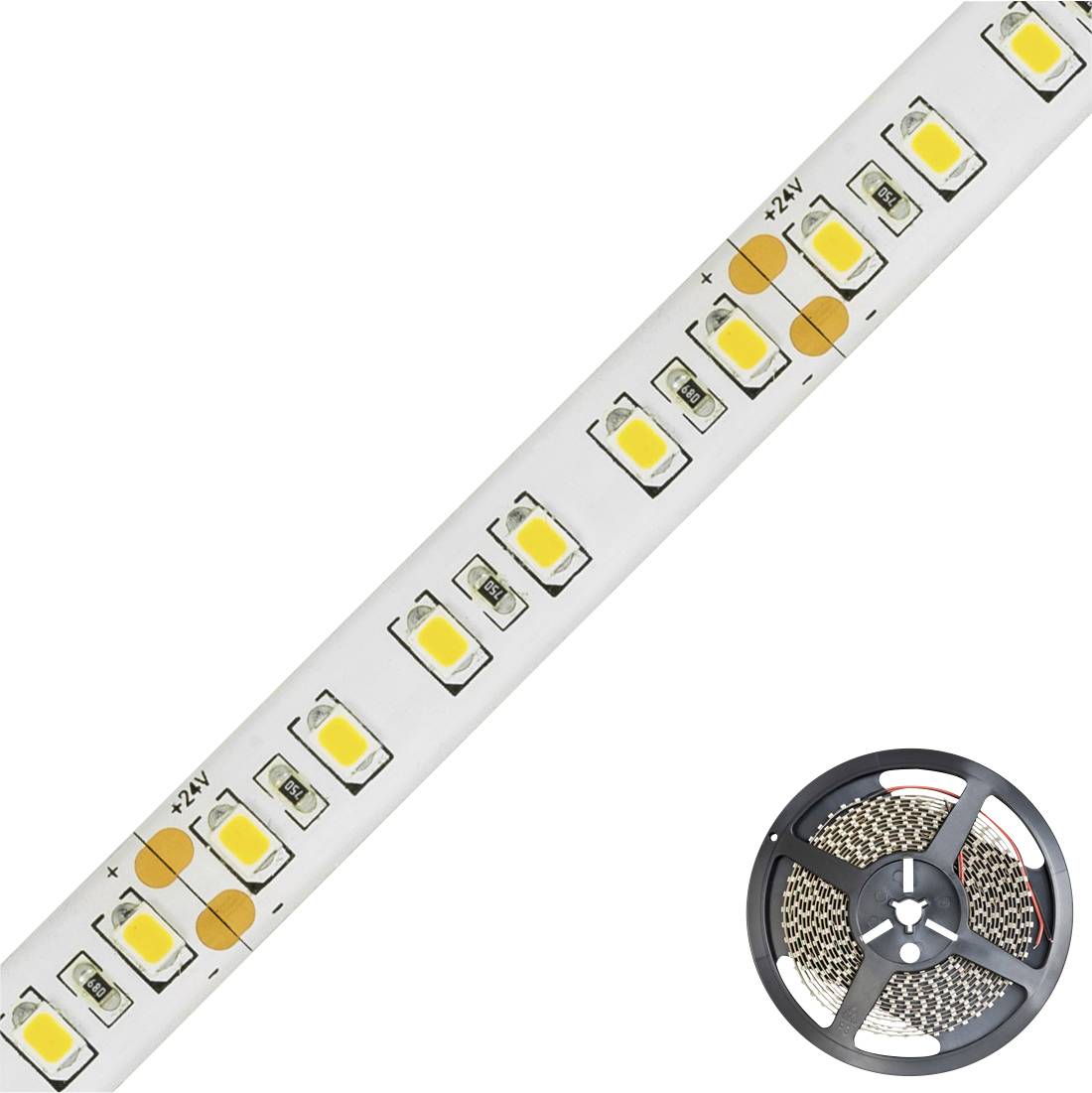 LED-lysstribe med hvide LED'er på en fleksibel strimmel; viser detaljeret visning af de enkelte lamper og en oprullet rulle.