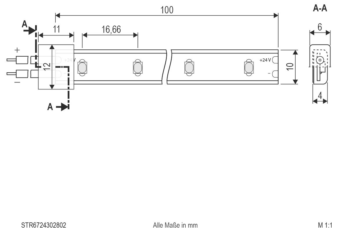 Teknisk dimensionstegning af en 100 mm LED-lysbjælke med monteringsdetaljer og tværsnit A-A, mærket i millimeter og '+24V'.