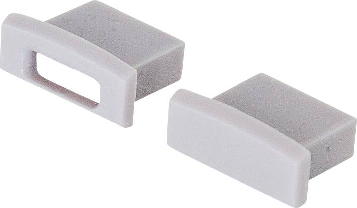 To kanter af en lille lyse grå rektangulær plastikblok med et udsparingen håndtag på den ene side.