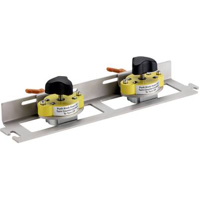 To push-button elektriske afbryderkontakter monteret på et metalpanel, hver mærket 'Tryk knap ned/Drej til Til/Drej til Fra'.