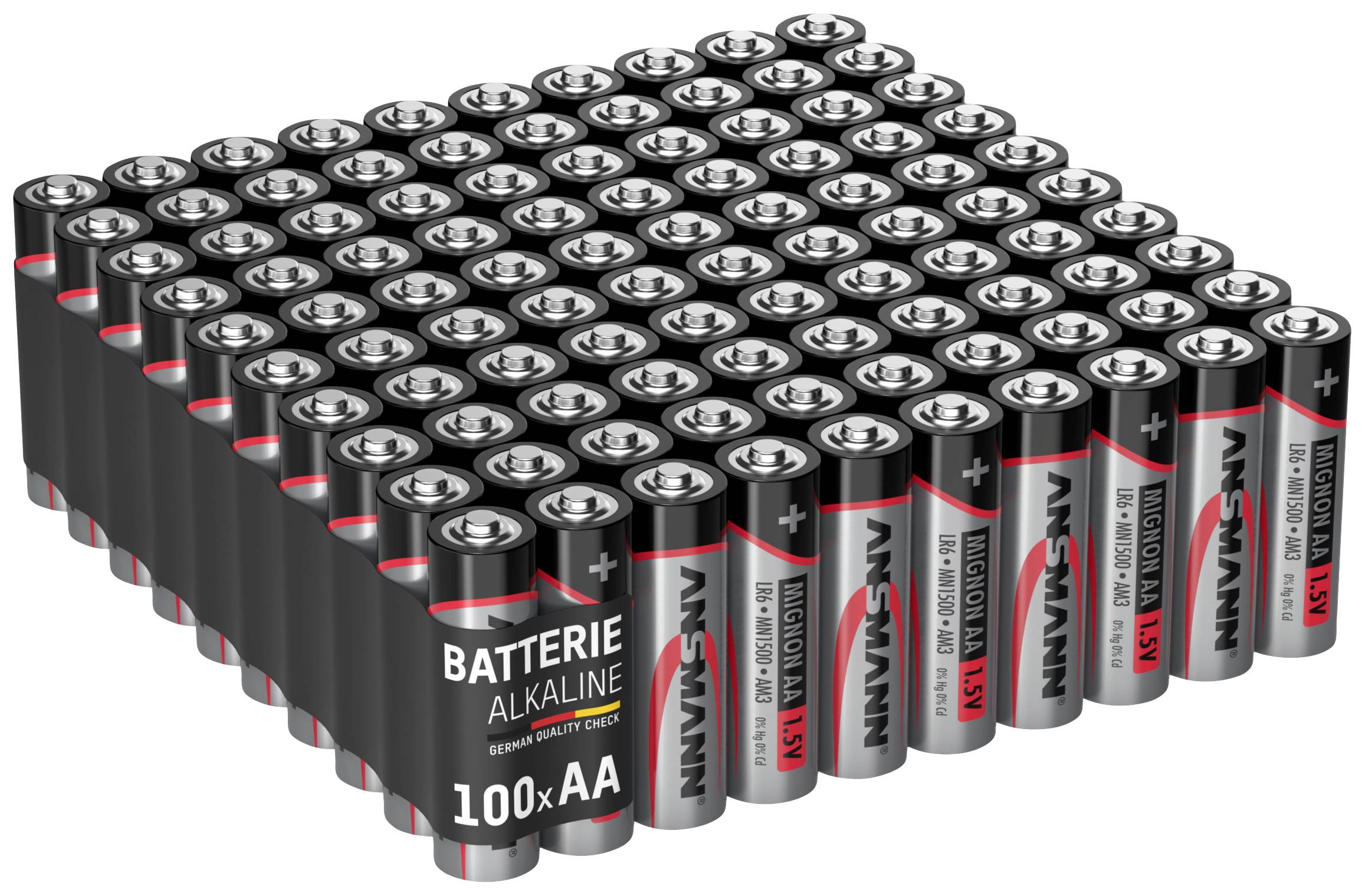 'Taske med 100 AA-alkaliske batterier fra mærket Ansmann, egnet til enheder med højt energiforbrug.'