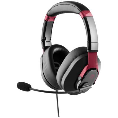 Sort headset med rød accent og mikrofonarm. Design til gaming eller professionel kommunikation.