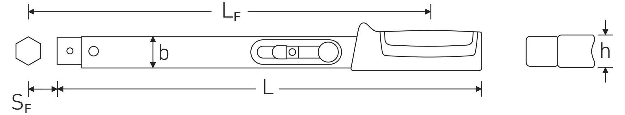 Diagram af en håndtagsstilsvridemoment-nøgle. Etiketter angiver skaftlængder (L, L_F), skaftstørrelse (b) og sekskantsstørrelse (S_F). Håndtagshøjde (h) bemærket.