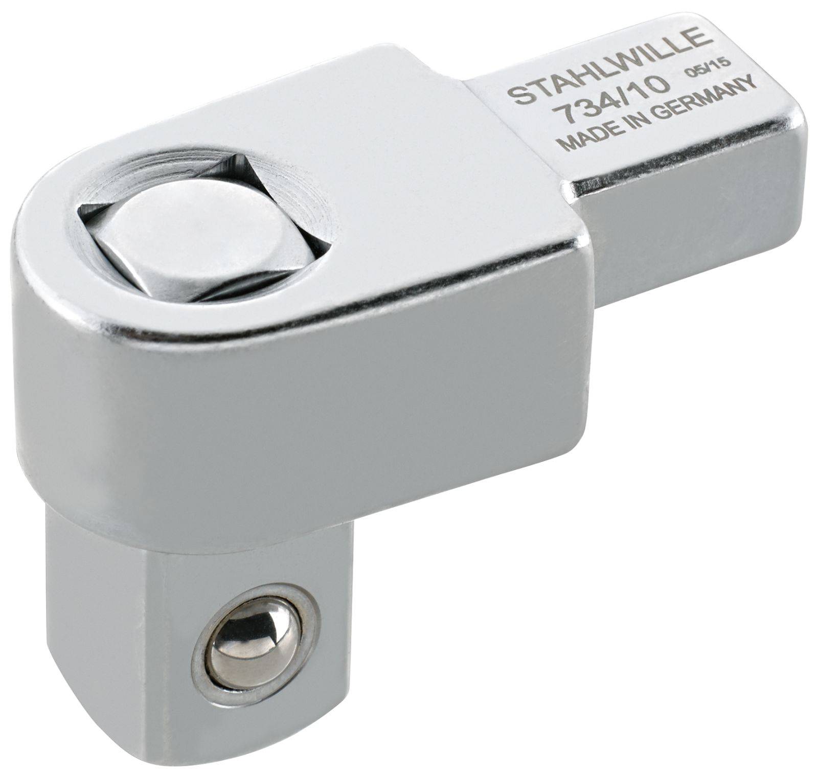 En sølvfarvet omskifteradapter med påskriften 'Stahlwille 734/10', fremstillet i Tyskland, viser sit cylindriske design.