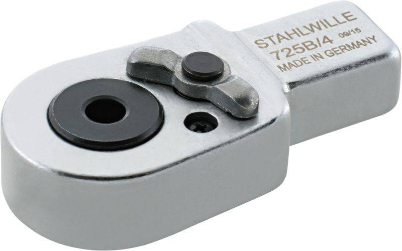 Ratchet head from Stahlwille, model 725B/4, with label "Made in Germany", silver-colored material, component for tools.