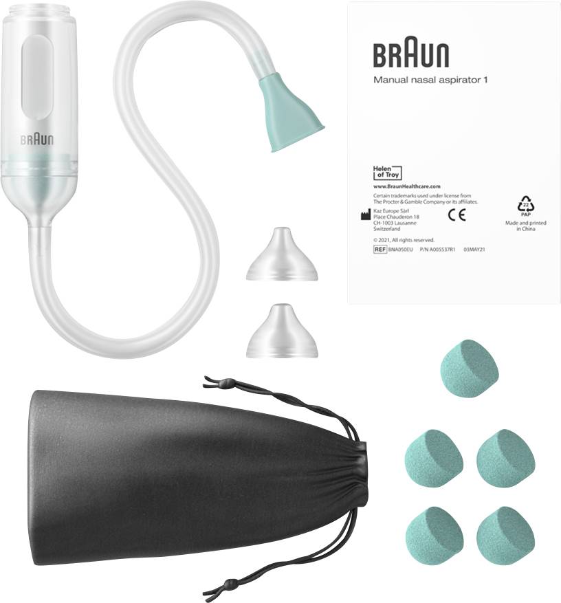 'Braun manuel næsesuger 1', bestående af sugeenhed, to dysemundstykker, en sort opbevaringspose og seks skumfiltre, med emballage.