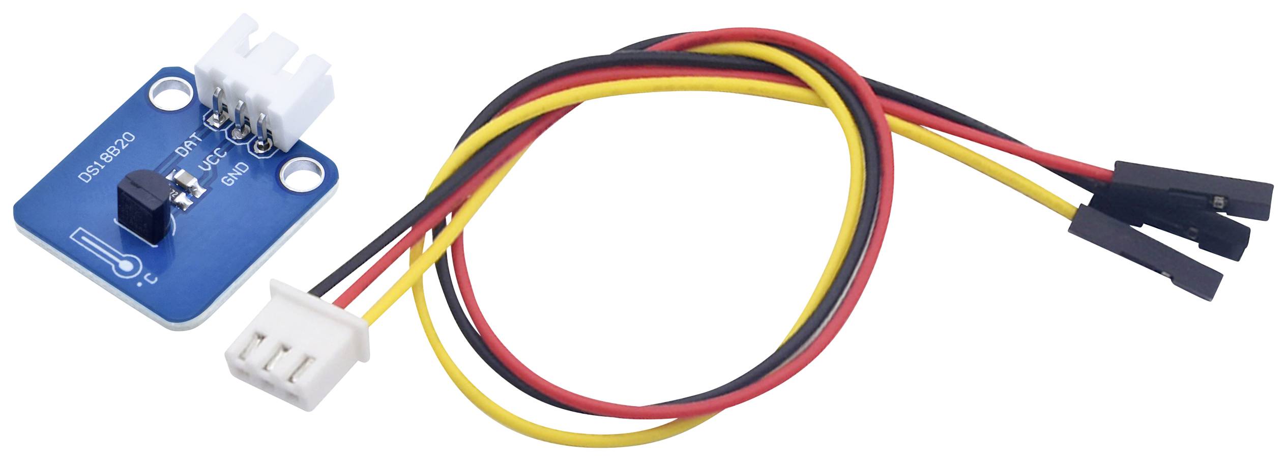Sensormodul med kabler: Et blåt sensormodul med hvid forbindelse ved siden af et kabel med stikbare ender i rød, gul og sort.