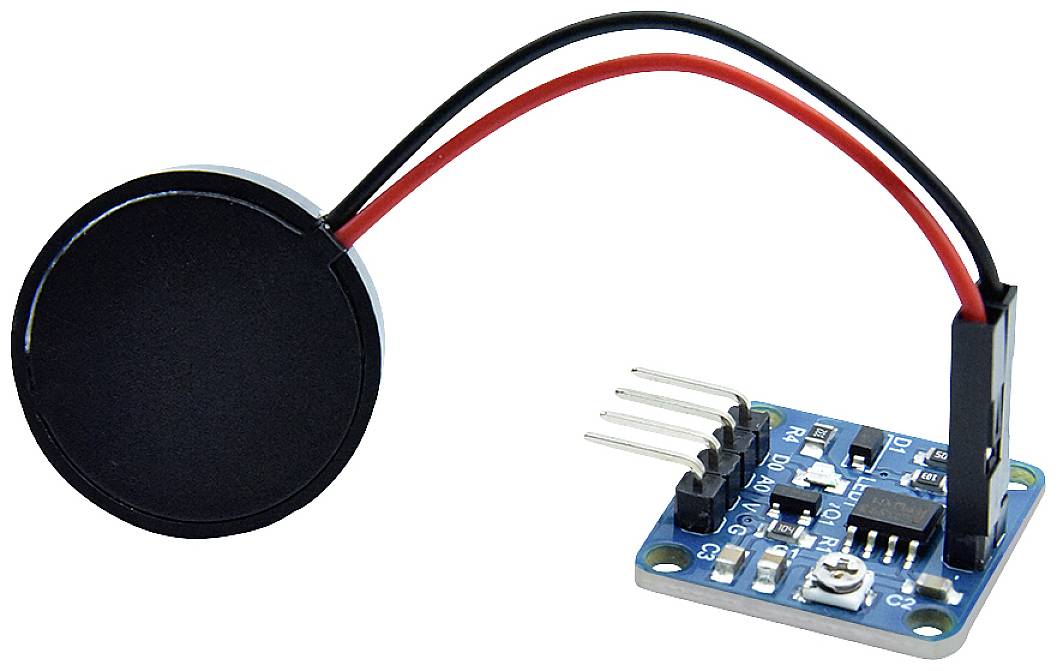 Sensormodul med rund sort sensor og kabel på printplade. Bruges til berørings- eller trykregistrering.