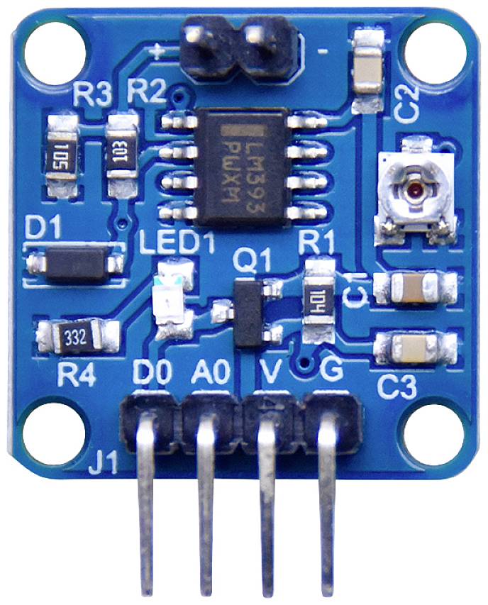 Blå elektrisk sensor med flere komponenter og ben, herunder en chip, modstande og LED-lys, egnet til elektroniske projekter.