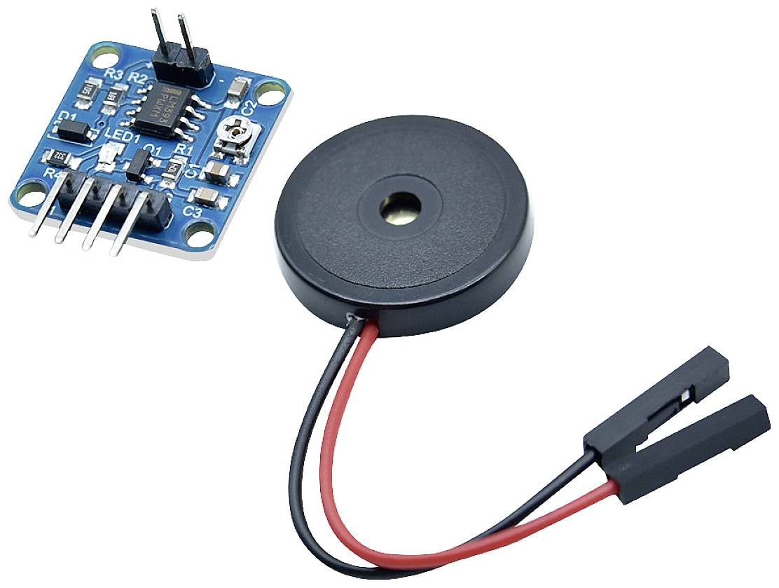 Elektronisk byggesæt med et blåt modul og en sort buzzer med kabler. Hovedkomponenter til en elektronisk kredsløb.