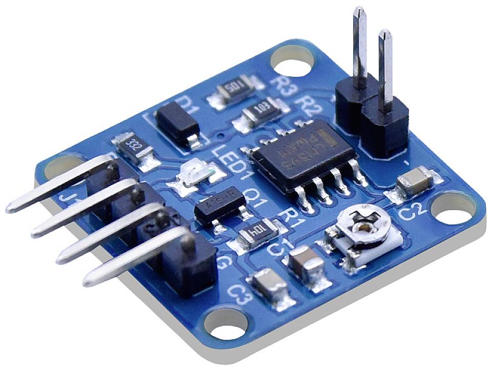 Et elektronisk modul med ben, modstande og en mikrochip på et blåt printkort, sandsynligvis til elektroniske kredsløb.