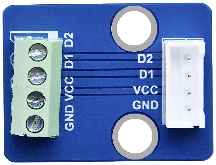 Elektronikprintplade med tilslutninger. Mærket med 'GND', 'VCC', 'D1', 'D2'. Grøn klemrække til venstre, hvid stik til højre.