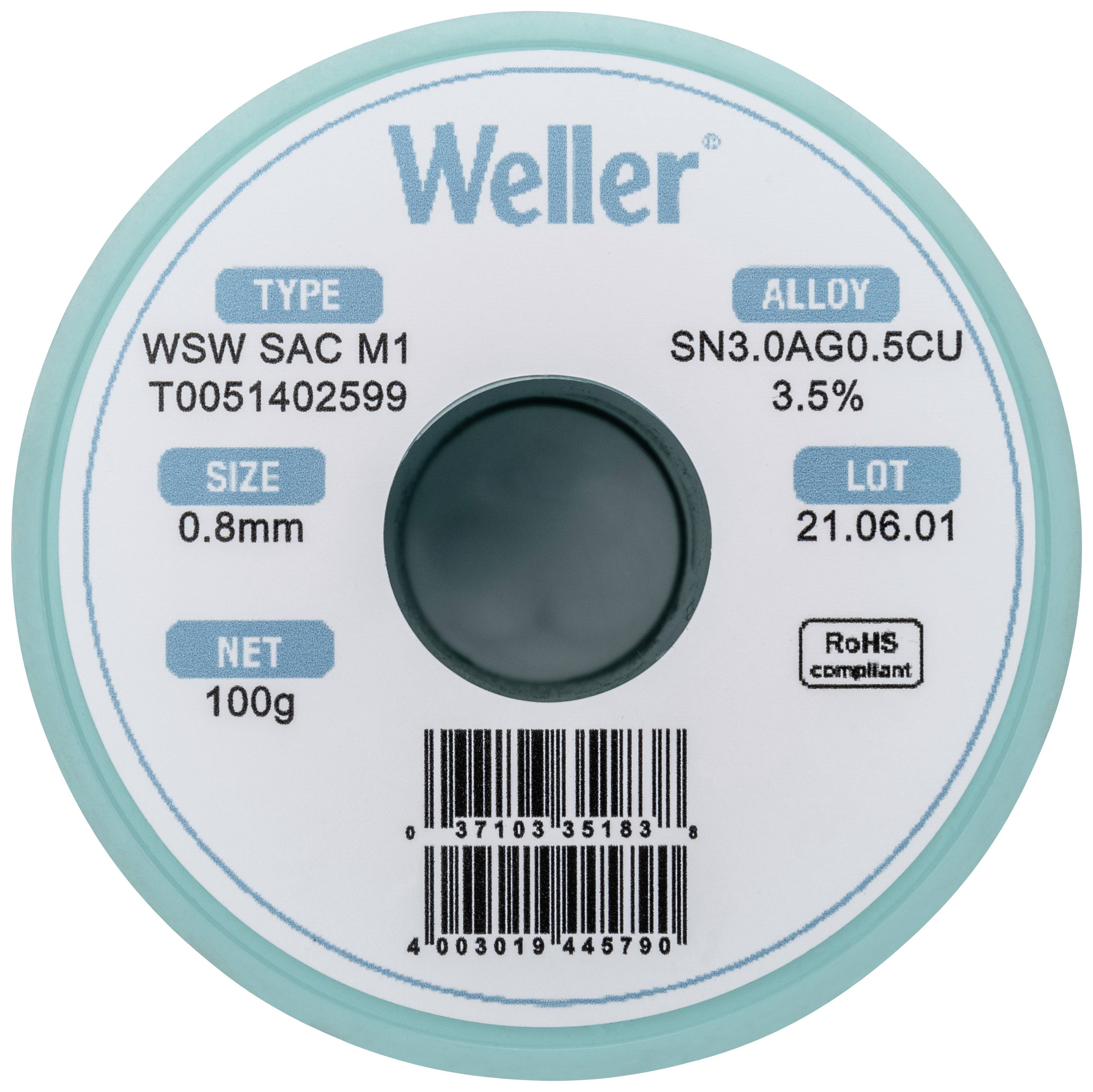 'Loddetin-spole fra Weller, type WSW SAC M1, legering SN3.0AG0.5CU, diameter 0,8 mm, vægt 100 g, RoHS-kompatibel, fremstillet den 21.06.01.'