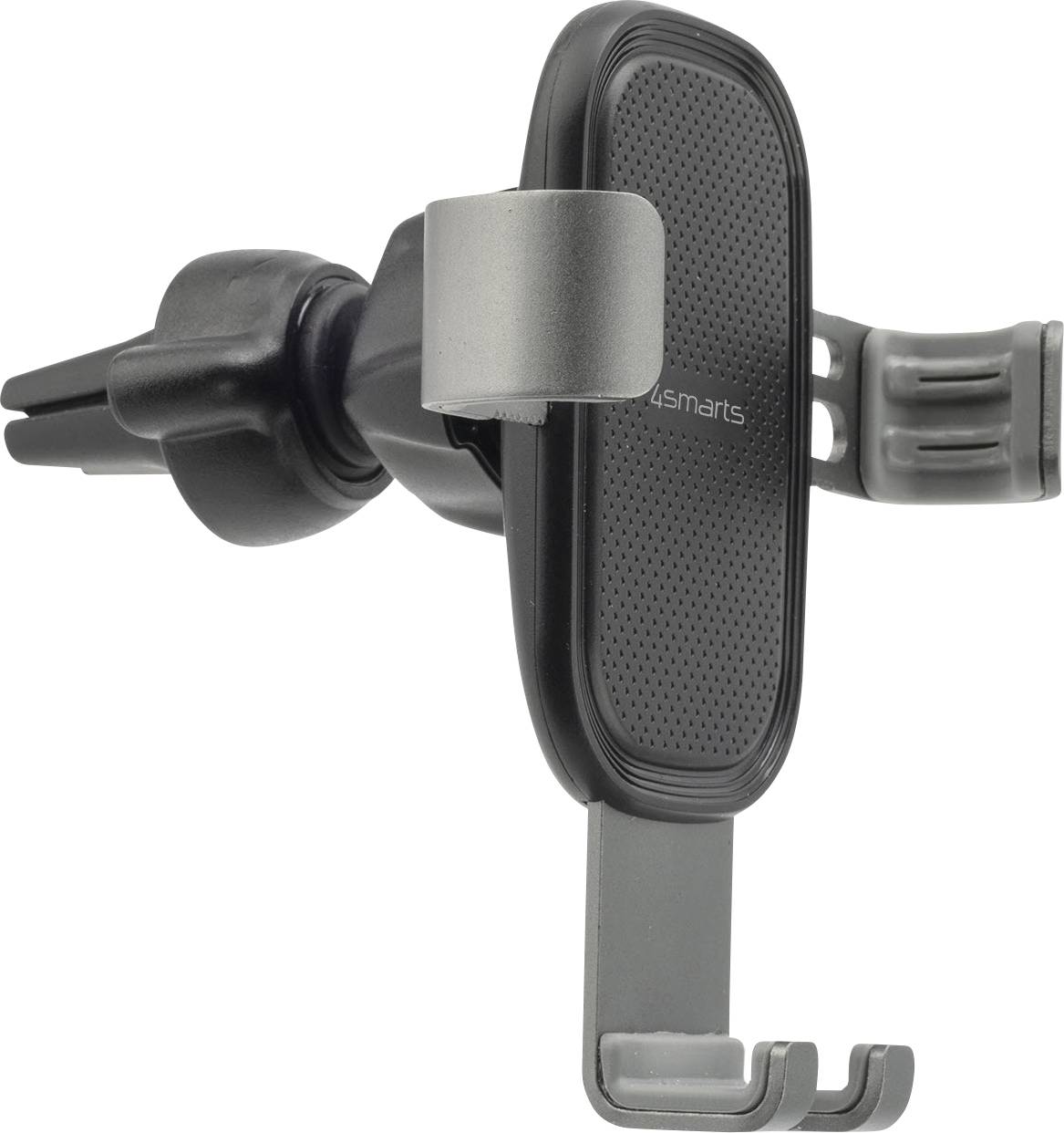 Smartphone-holder til bilen, designet til ventilationsrillerne. Består af sort plast og grå metalkomponenter.
