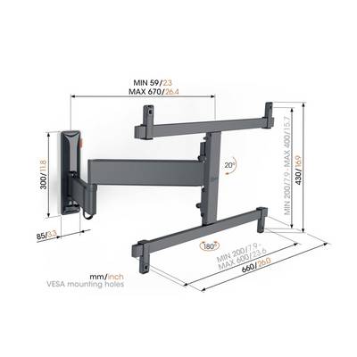 TV-vægbeslag med drejelig og vippebar arm, justerbar bredde 590-670 mm, højde 200-400 mm. Egnet til VESA-kompatible TV'er.