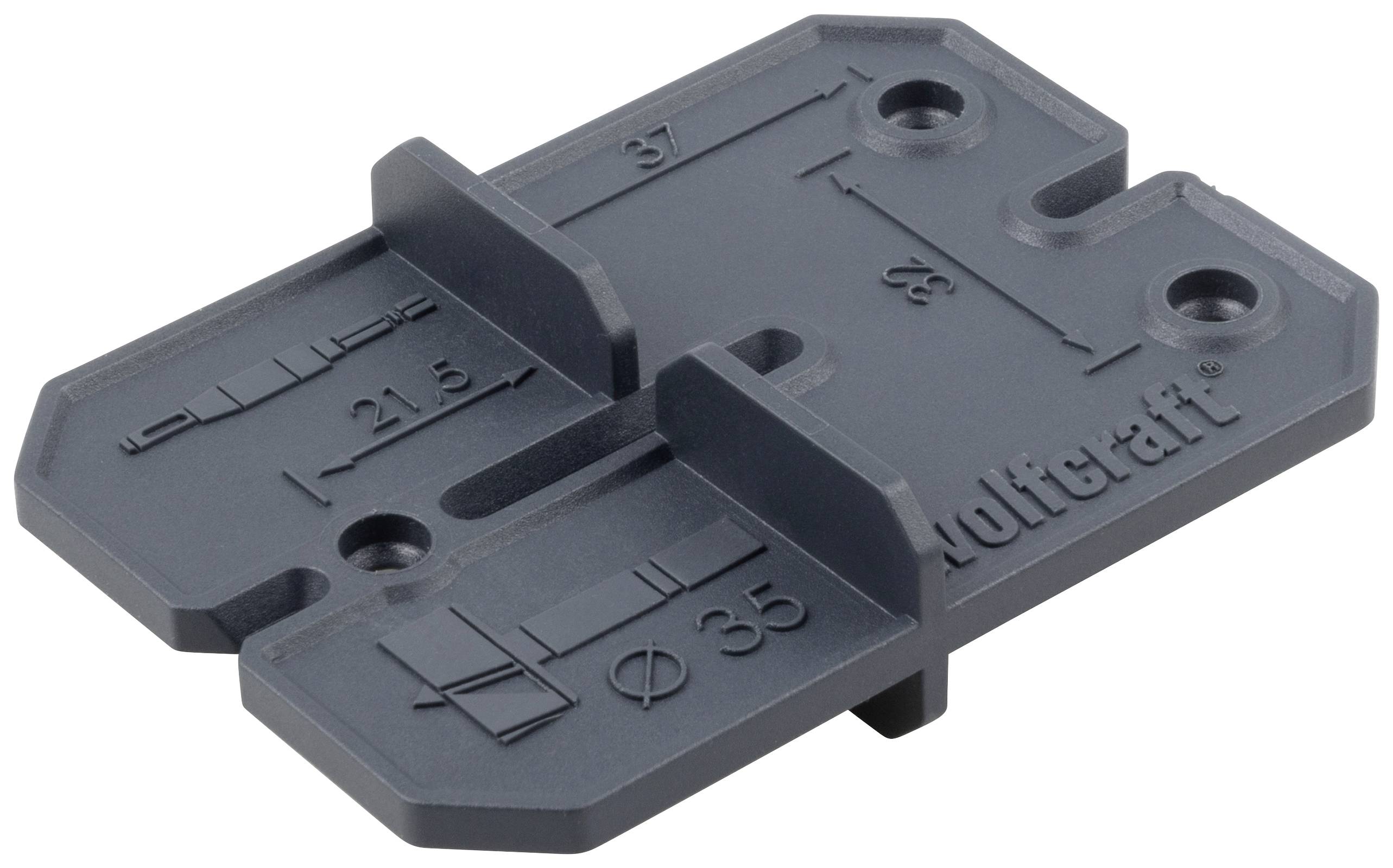 Kunststof-borebeskyttelse fra wolfcraft til præcis boring af rækker af huller. Indeholder markeringer til 21,5 mm og 35 mm boringer.