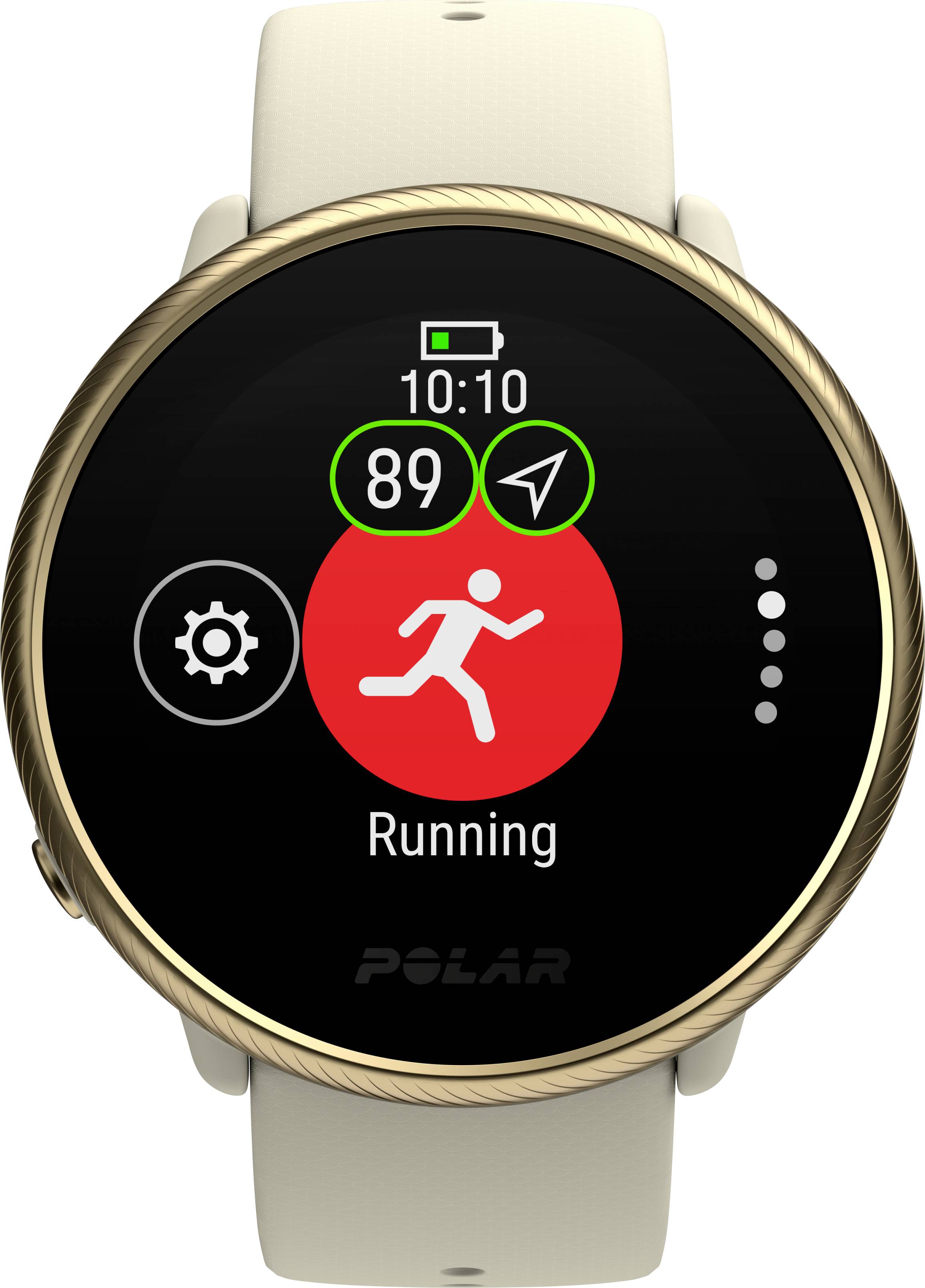 En rund smartwatch med gylden ramme viser 'Løb' på skærmen. Displayet inkluderer tid, puls (89) og GPS-status.