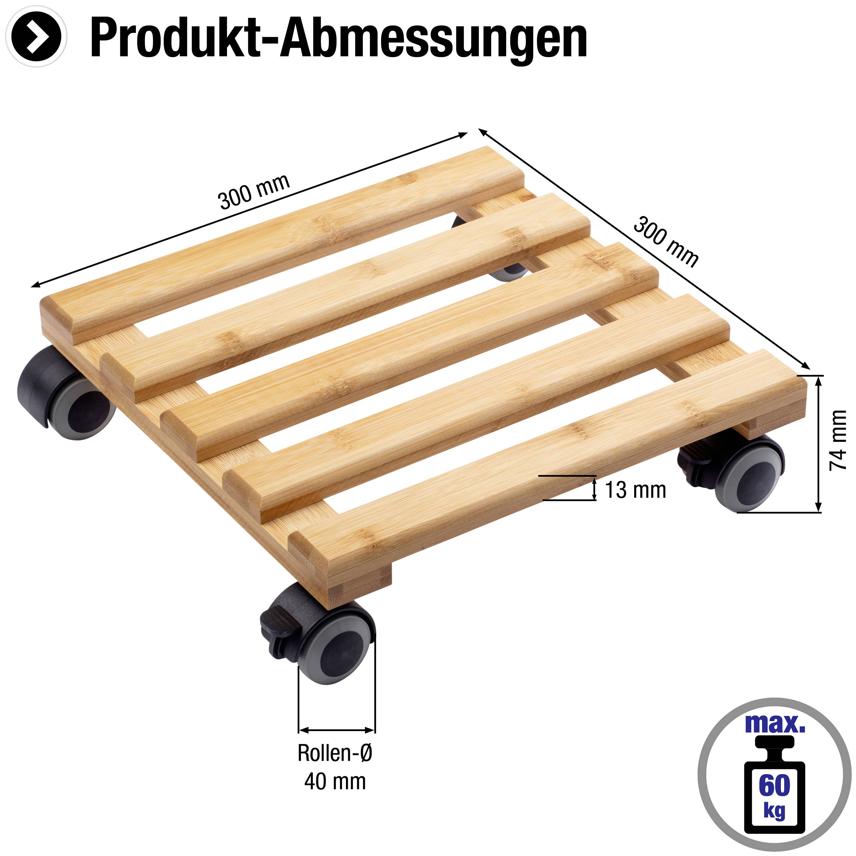 En firkantet plantevogn i træ, 300 x 300 mm, hjul-Ø 40 mm, højde 74 mm, kan bære op til 60 kg.