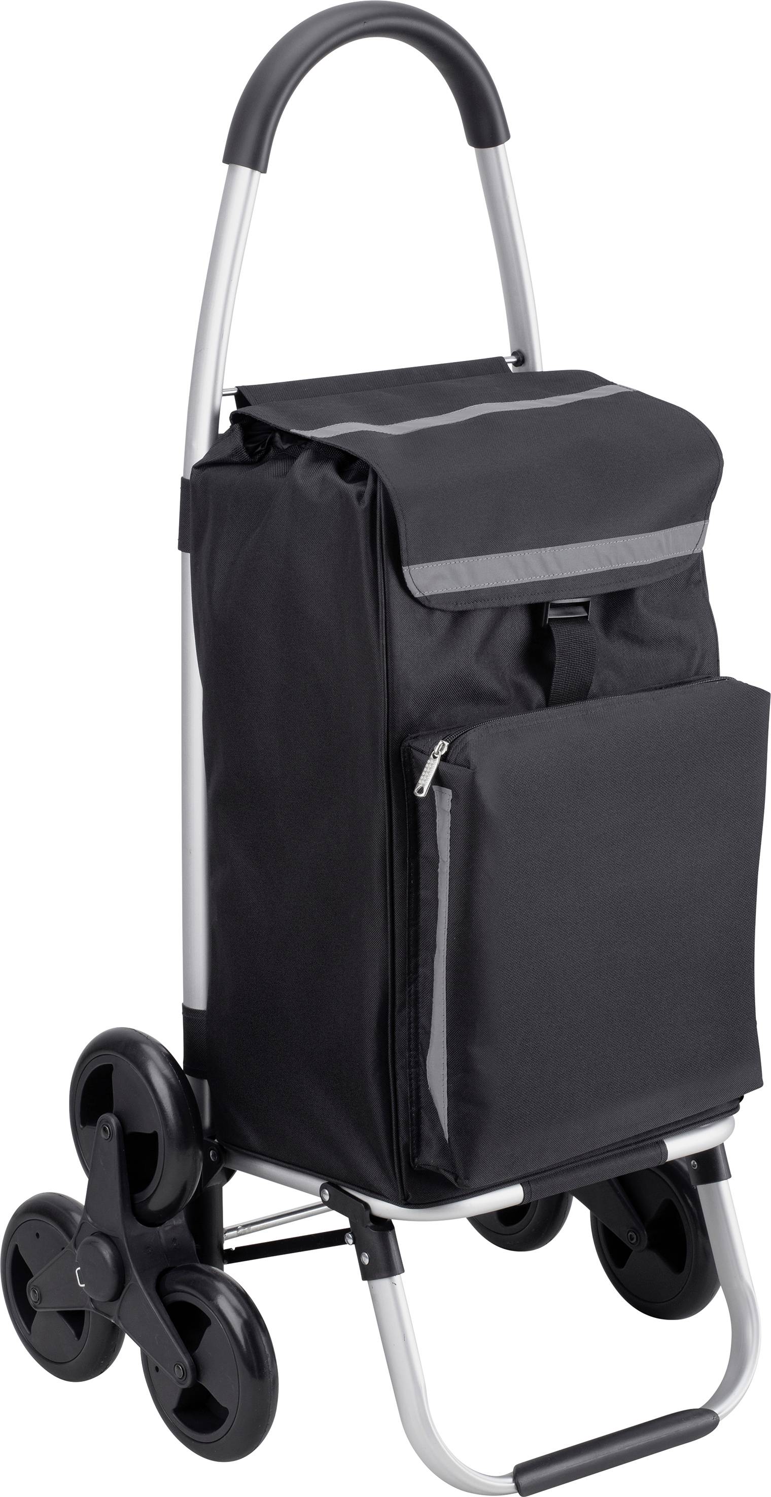 Indkøbstrille med sort taske og tre hjul, ergonomisk håndtag, velegnet til transport af indkøb.