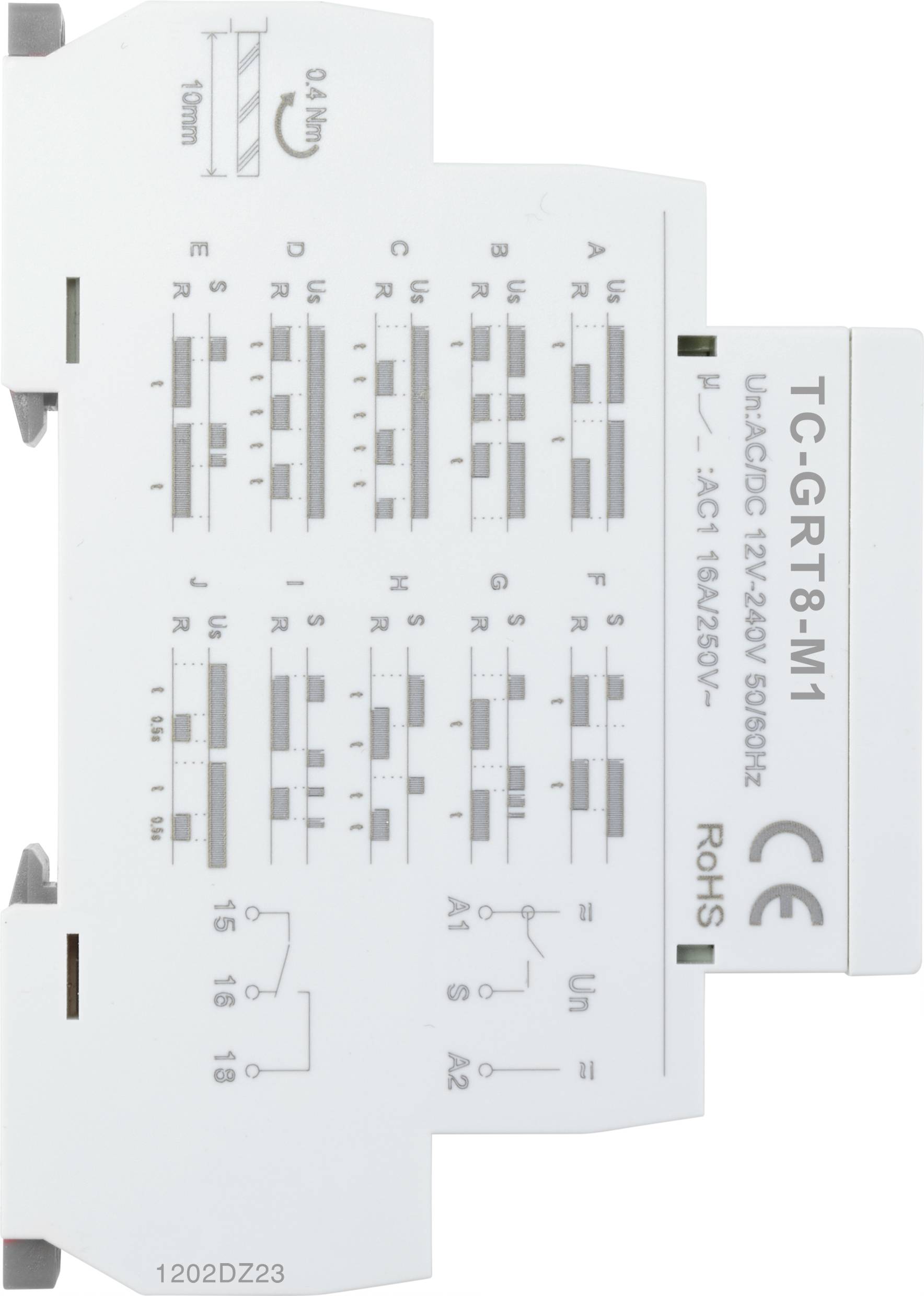 Et kontaktrelæ med typebetegnelsen TC-GRT8-M1 viser elektriske diagrammer og tekniske specifikationer for tilslutningen.
