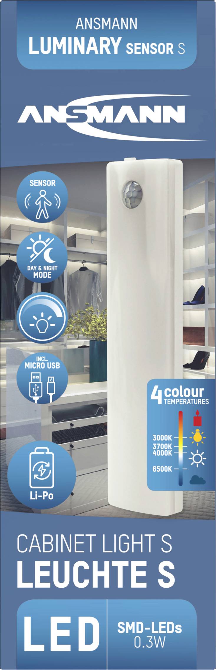 Æske til en Ansmann Luminary Sensor S LED-skabslampe. Produktegenskaber: Bevægelsessensor, Micro-USB, justerbar farvetemperatur.