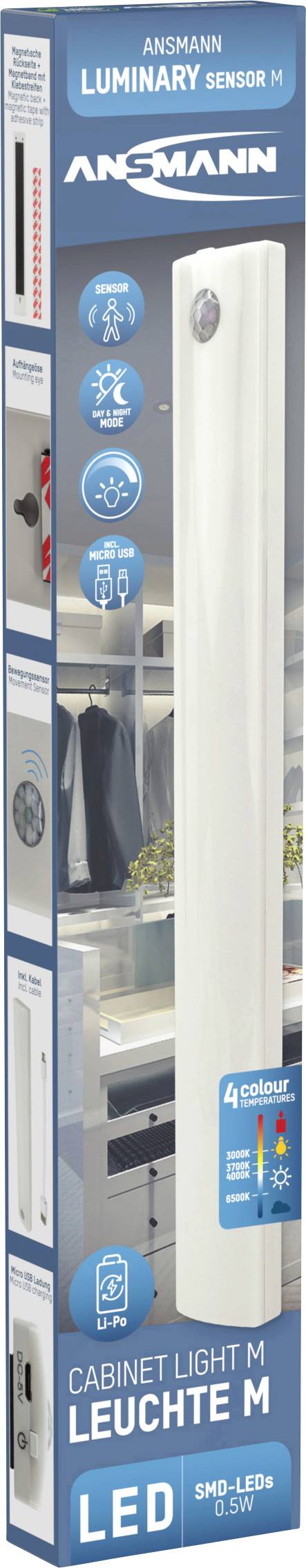 LED-lampe til skabe, mærke Ansmann, model 'Luminary Sensor M'. Billede viser emballage med illustration af lampen og tekniske detaljer.
