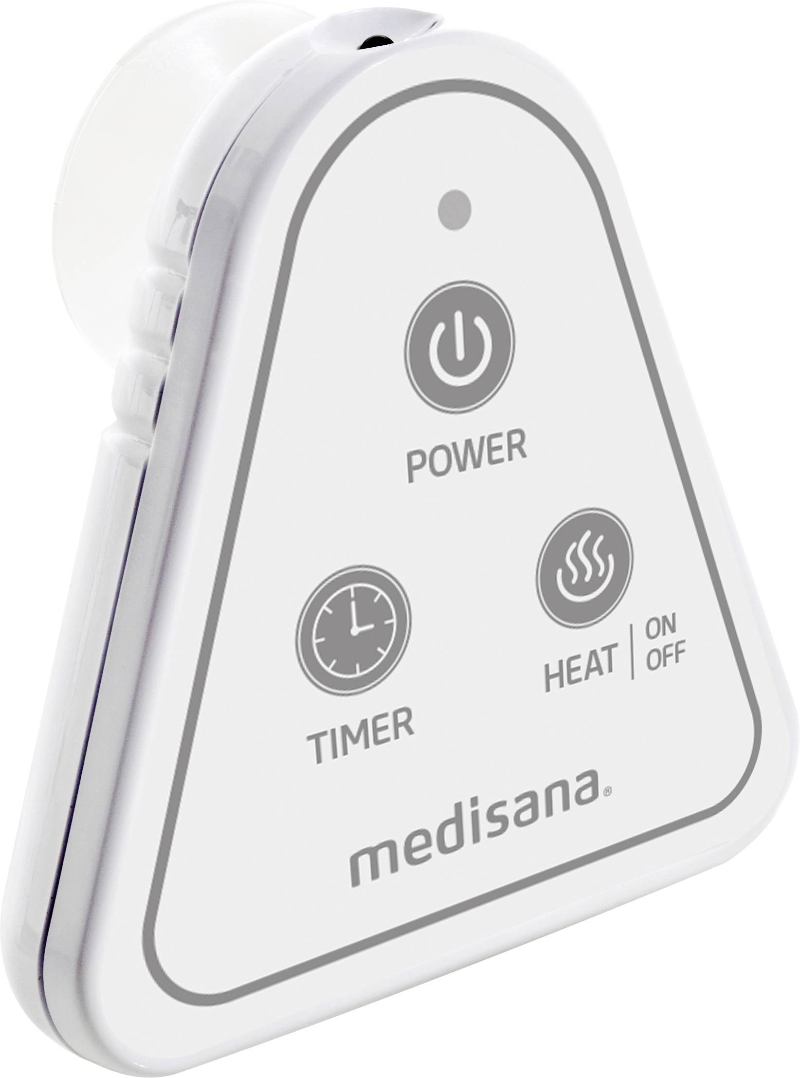 Trekantet fjernbetjening med knapper: 'Power', 'Timer', 'Heat On/Off'. Varemærke 'medisana'. Enhed til styring af funktioner.