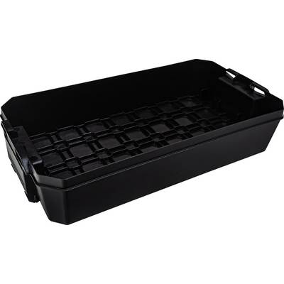 Sort rektangulær plastikkasse med høje sider og håndtag, typisk brugt til opbevaring eller transport.