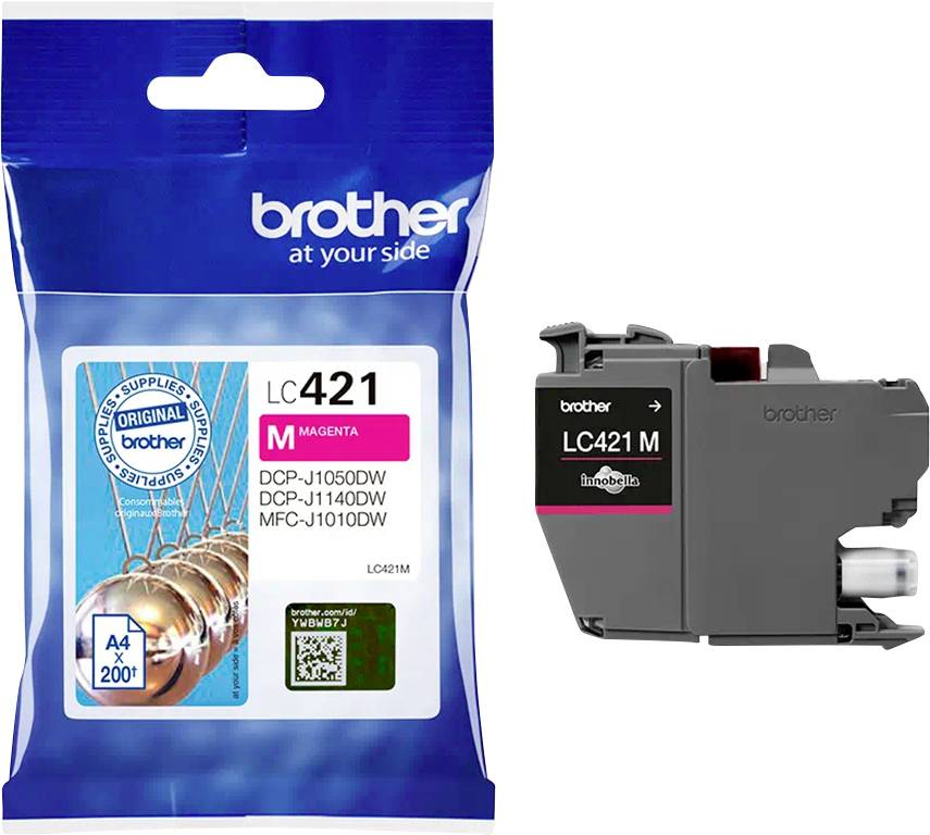 'Blækpatron Brother LC421 i Magenta, egnet til modellerne DCP-J1050DW, DCP-J1140DW, MFC-J1010DW, pakket og udpakket.'