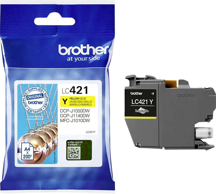 Gul blækpatron Brother LC421Y med emballage. Kompatibel med DCP-J1050DW, DCP-J1140DW, MFC-J1010DW. Originalprodukt.