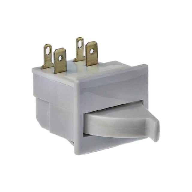 En grå vippeafbryder med fire metalliske kontaktben, egnet til elektroniske enheder, på hvid baggrund.