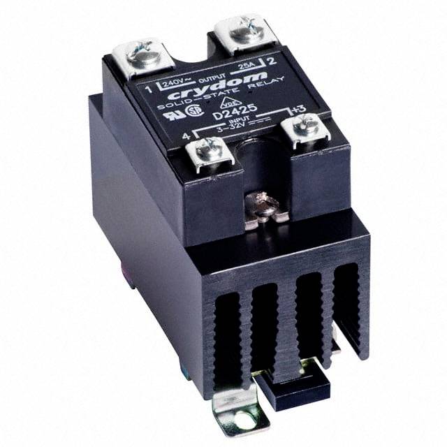 Solid state-relæ i metalkappe, mærket 'Crydom', tilslutninger synlige foroven. Hovedfunktion: styring af elektrisk kredsløb.