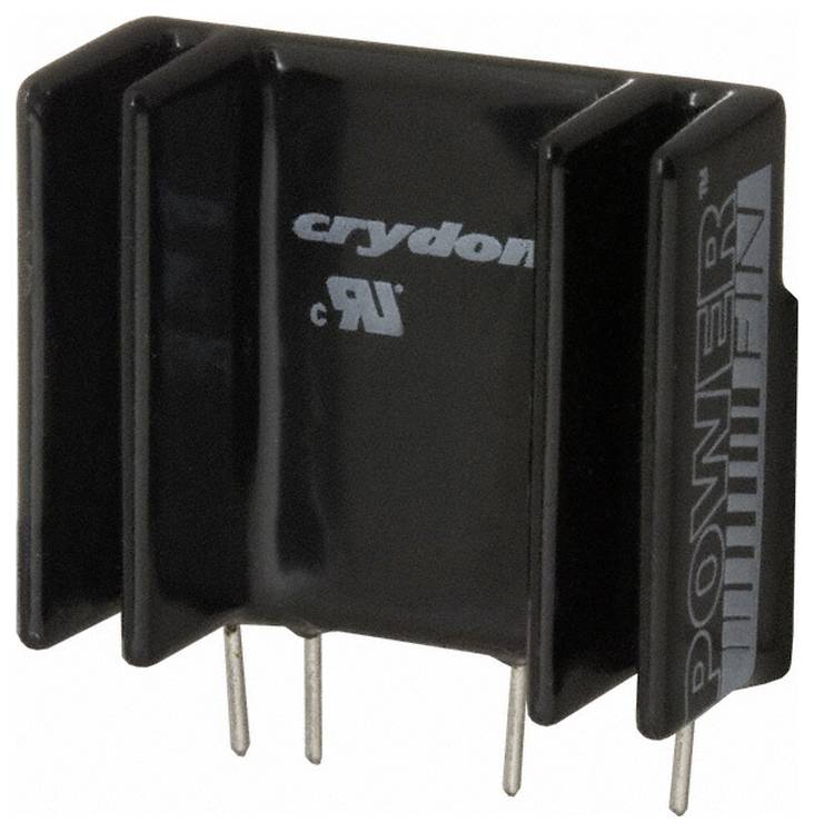 En sort elektronisk komponent med fire metalpinne, mærket "crydom" med et certificeringsmærke, sandsynligvis brugt til spændingsregulering.