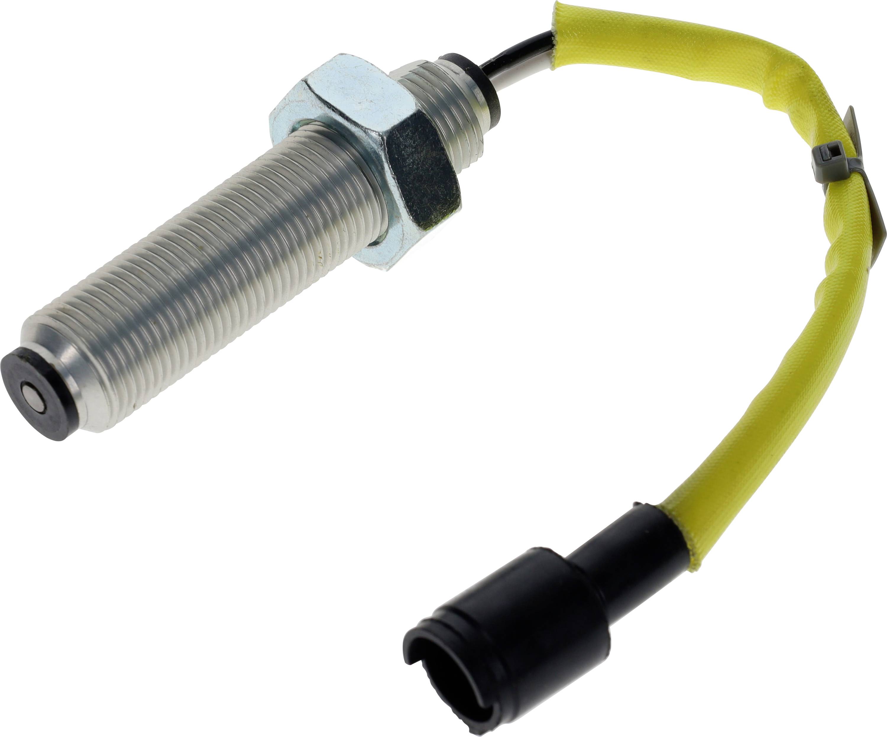 Metalcylindersensor med en gul ledning og sort stik, bruges til at detektere proximity eller position i maskiner.