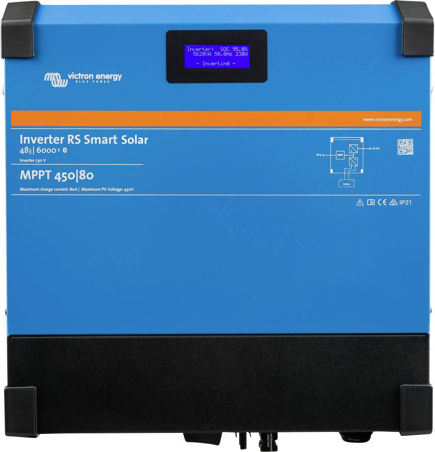 En blå Victron Energy Inverter RS Smart Solar med mærkning '48V 6000 0', egnet til maksimal spænding på 450V ved 80A.