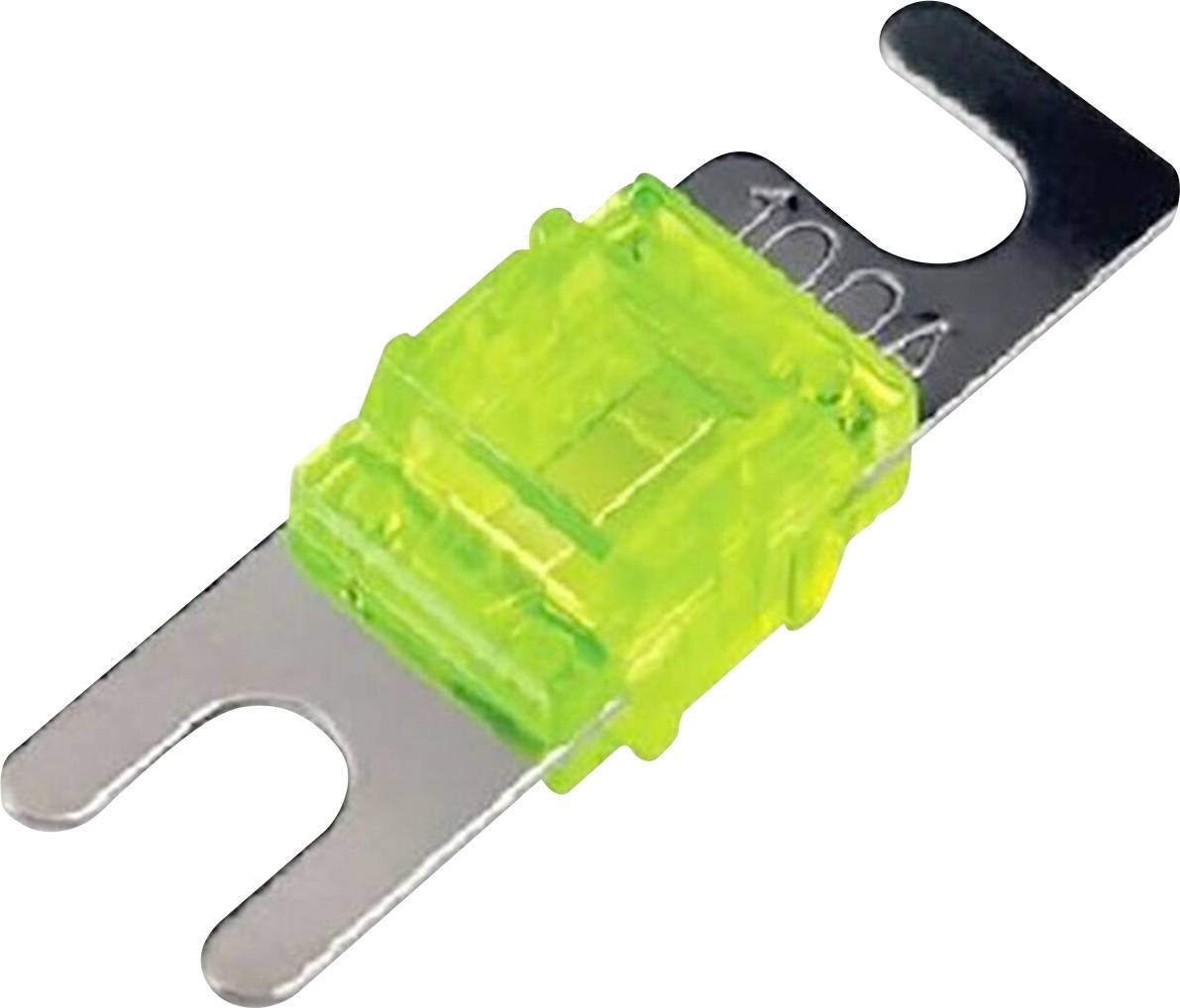 Grøn flad sikring med metalkontakter, mærket '100 A'. Den bruges hyppigt i elektriske kredsløb.