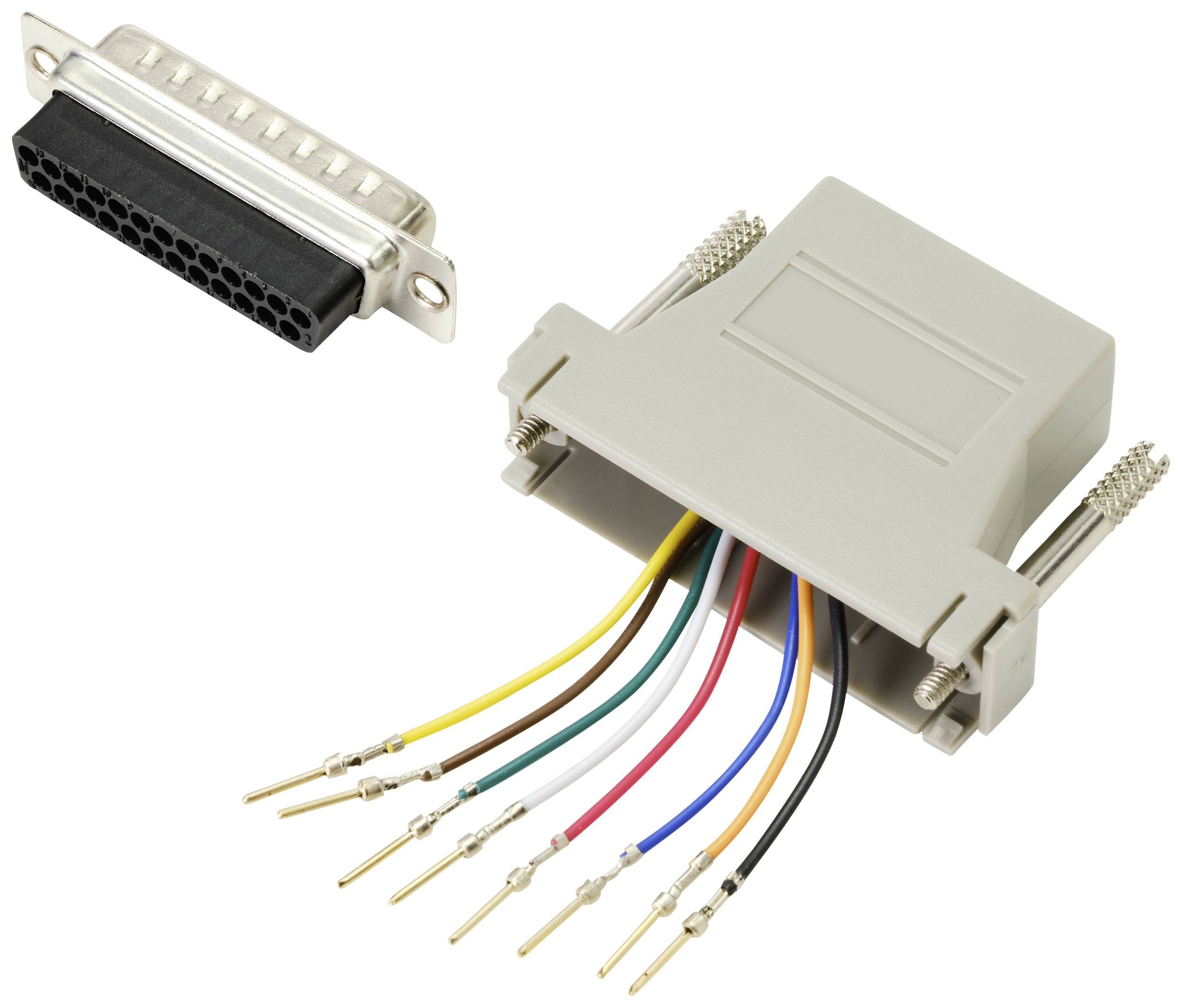 En adskilt seriel D-Sub kabeladapter med farvekodede ledninger, som er klar til tilslutning.