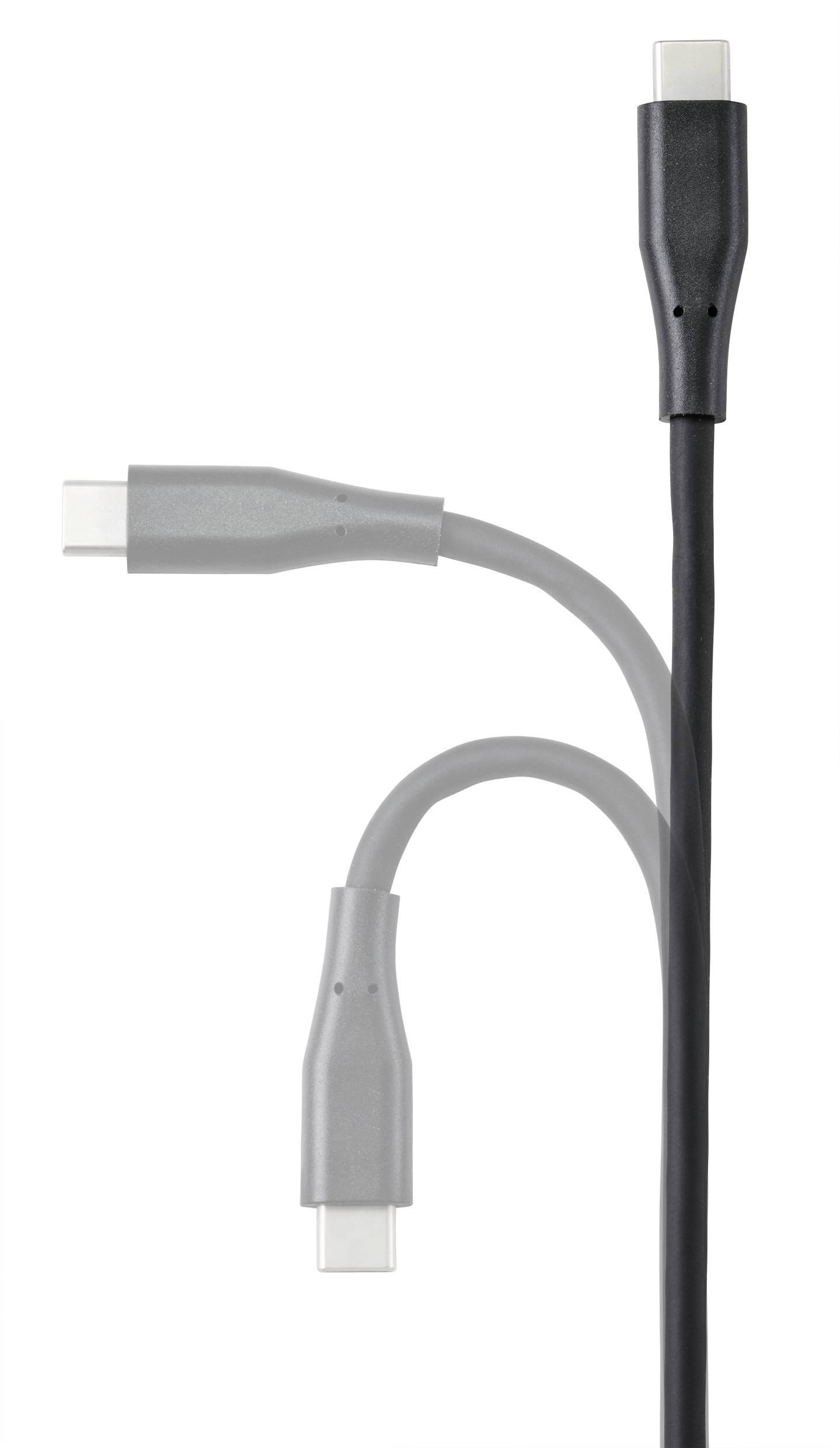 Illustration af et USB-C-kabel med en fleksibel, justerbar hals, vist i tre forskellige positioner.