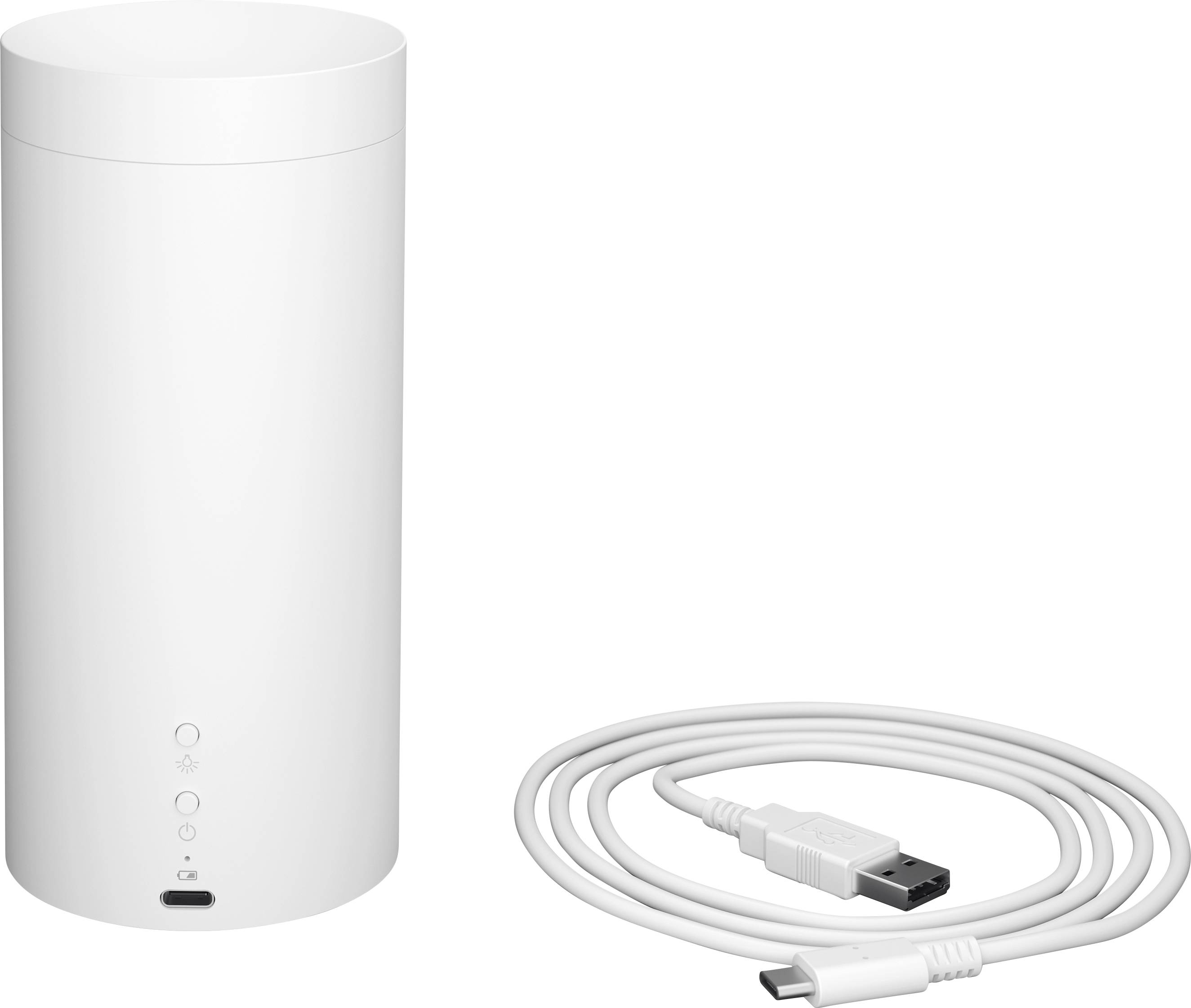 En cylinderformet, hvid enhed med knapper og lys på forsiden. Ved siden af ligger et matchende, hvidt USB-kabel til tilslutning.