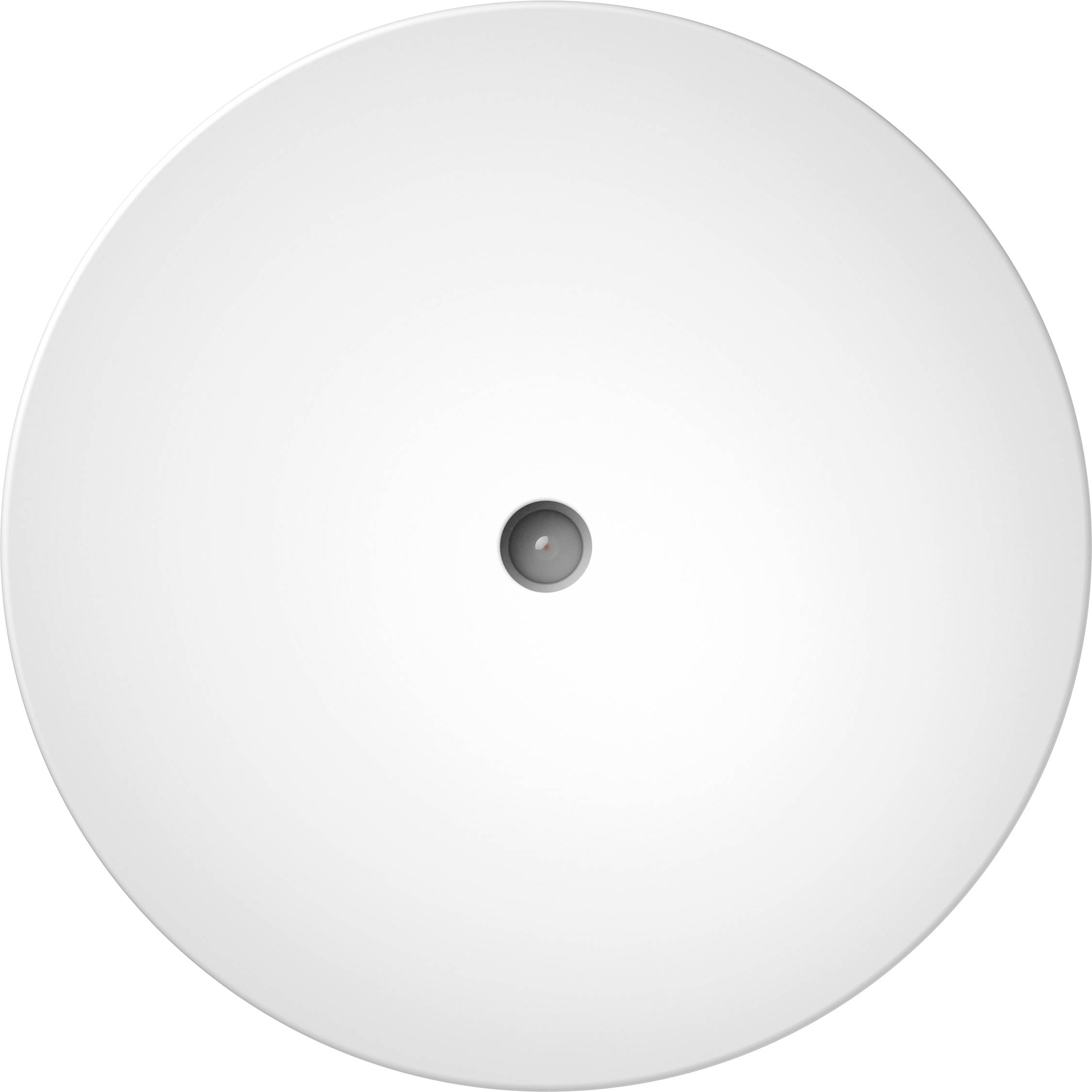 Hvid, rund loftslampe, monteret centralt, minimalistisk design.
