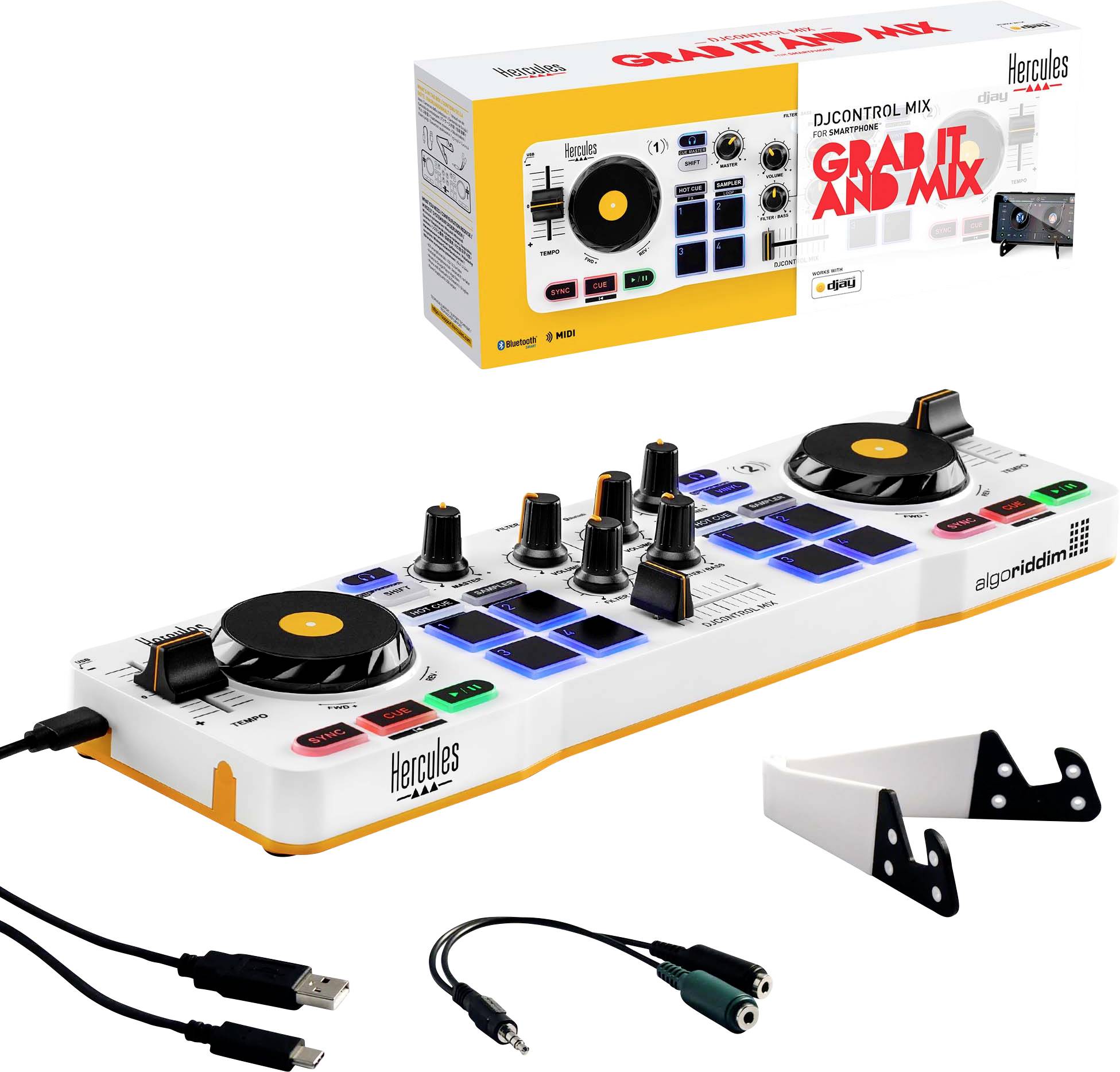 DJ-controllersæt med betjeningsenheder, kabler og stativ; emballagen viser 'Grab it and mix' og varemærkelogo 'Hercules'.