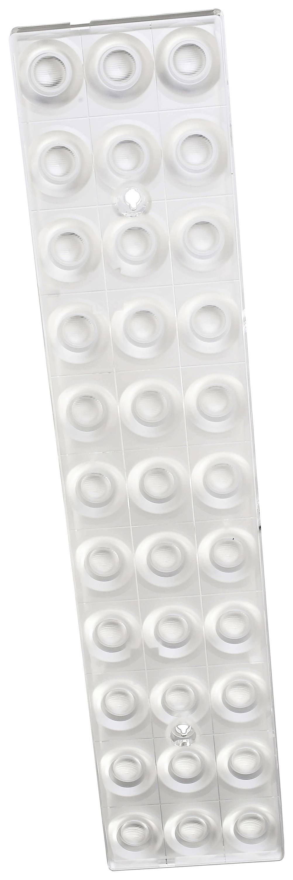 En gennemsigtig isdannelsesform med 28 cirkelformede fordybninger, perfekt til samtidig fremstilling af mange isterninger.