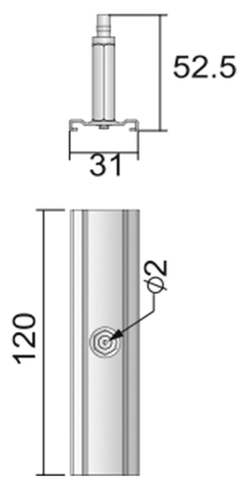 Teknisk tegning af en cylinderstift. Øverst: Sidevisning med mål 31 mm (bredde) og 52,5 mm (højde). Nederst: Frontvisning med højde 120 mm og diameter Ø2 mm.