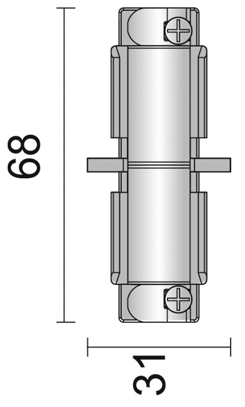 Teknisk tegning af en komponent med følgende dimensioner: 68 mm længde, 31 mm bredde. Komponenten har en cylindrisk form med skruer fastgjort øverst og nederst.