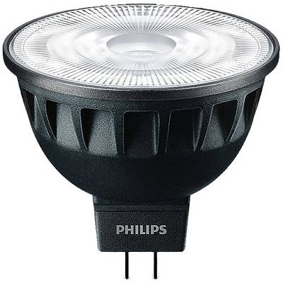 LED-spotlampe fra Philips, GU5.3 fatning, sort overflade, egnet til fokuseret belysning i stue eller arbejdsrum.