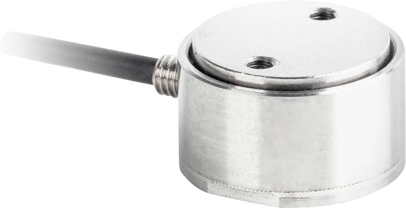 Lille cylindrisk sensor med metalkappe og tilsluttet kabel, set ovenfra.