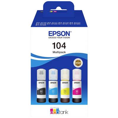 Emballage til et multipack blækflaske-sæt fra Epson med fire farver: Sort, Cyan, Gul og Magenta. Til EcoTank-printere.