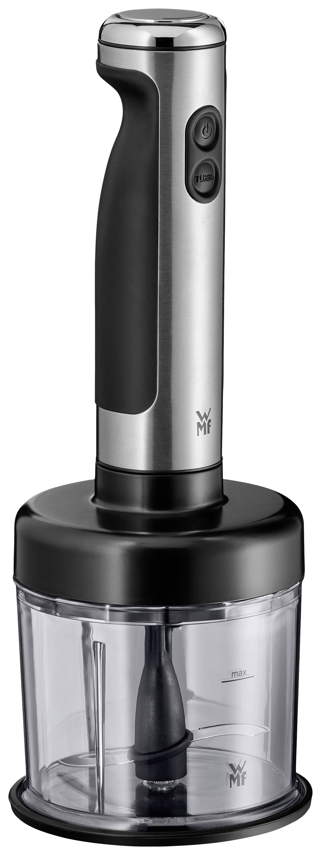 Stavblender med hus af rustfrit stål og sort håndtag. Transparent beholder forneden, egnet til findeling af ingredienser.