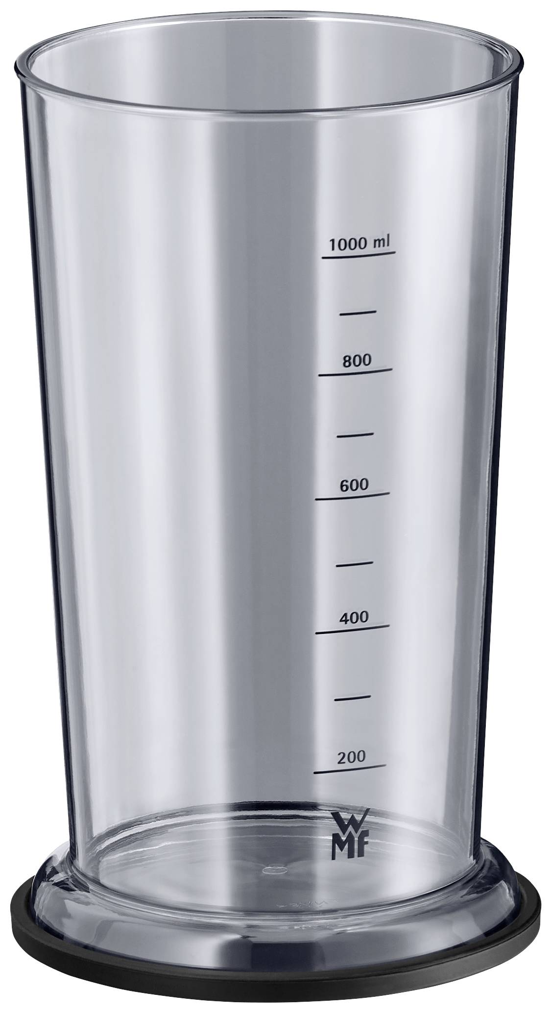 En gennemsigtig målebæger med sort kant, gradueret fra 200 ml til 1000 ml i trin på 200 ml. WMF-logo i bunden.