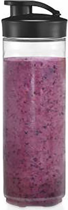 En gennemsigtig beholder med et sort låg, fyldt med en strålende violet smoothie.
